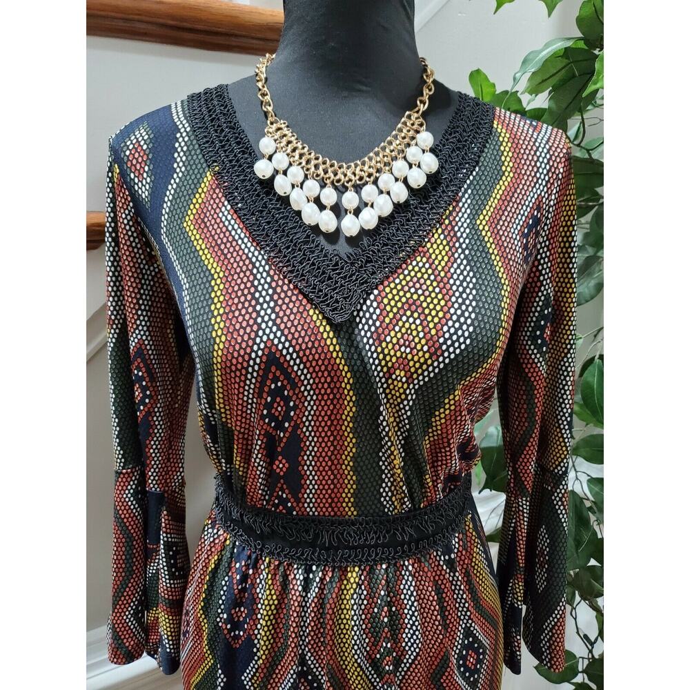 NewYork & Co. Women Multicolor Polyester V-Neck Long Sleeve Knee Length Dress XS - Picture 2 of 12